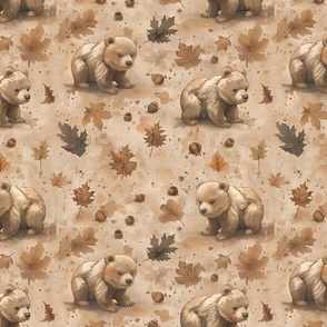 Autumn Cubs Retreat: Gentle Brown Bears Among Acorns and Autumn Leaves for Cozy Nursery Wallpaper and Seasonal Quilts