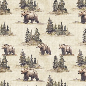 Rustic Lodge Wilderness: Textured Grizzly Bears Prowling the Pine Forest for Cabin-Inspired Wallpaper and Rustic Decor