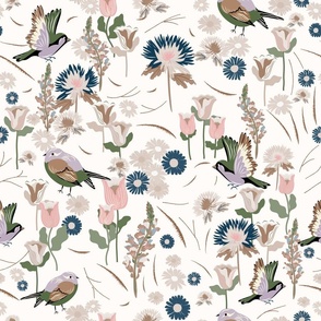 Birds in Meadow Country floral daisy wildflowers green pink