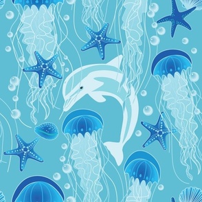 Jellyfish and Dolphin in the deep blue
