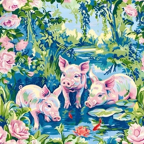 Happy piglets in French country garden