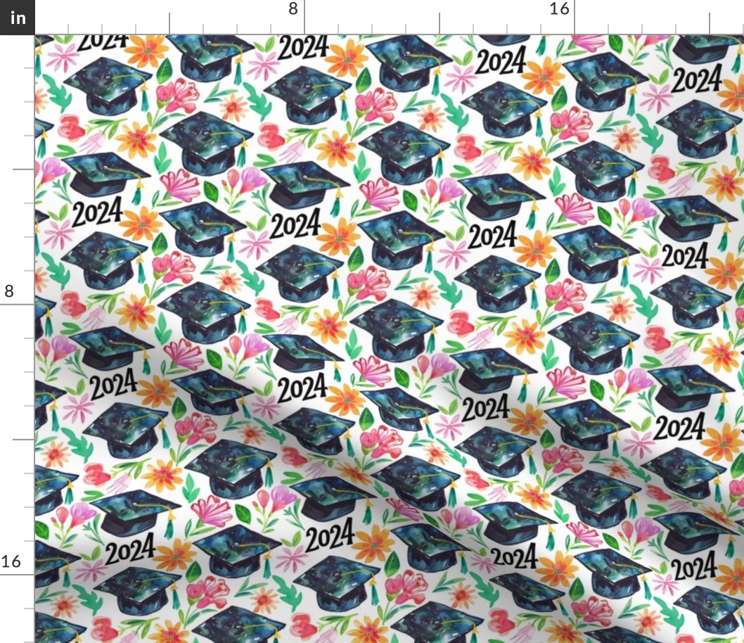 Graduation 2024 Grad Hats Watercolor Fabric
