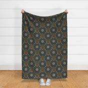 12” repeat heritage earthy hued block printed effect sunflowers with lacy spot ogees on dark green background