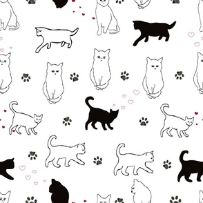 Cute cats illustration with hearts. Seamless fabric design pattern