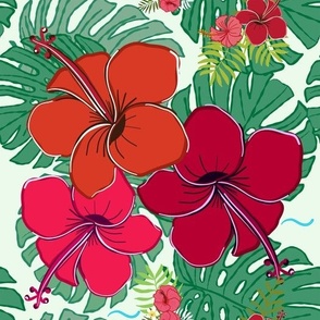 Summer time vibrant red hibiscus and tropical leaves beautiful seamless pattern