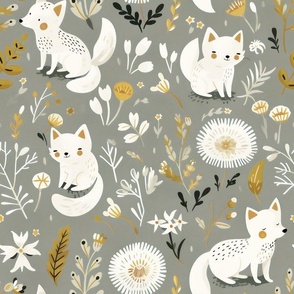 Scandinavian Fox Play: Sleek White Foxes with Yellow Botanicals on Warm Gray for Minimalist Nursery Wallpaper Designs
