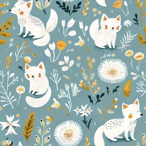 Nordic Fox Garden: Serene White Foxes Amidst Yellow Florals on Soft Blue for Contemporary Children's Room Wallpaper