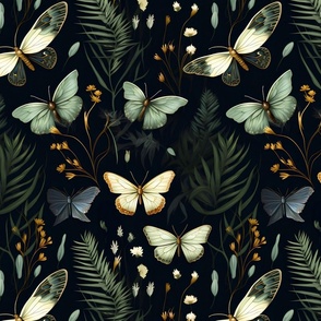 Midnight Botanicals: Contrastive Moths and Butterflies on Dark Black  Background  Green Statement Wallpaper  Bold Insects Winged