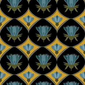 Folk style floral motif  in blue, green and mustard rain drop grid