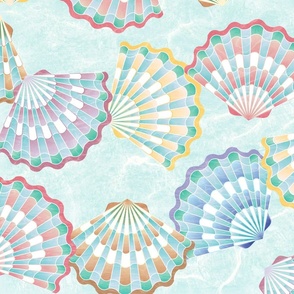 L - Shimmering Soft Pastels Art Deco Beach Sea Shells in blue ocean