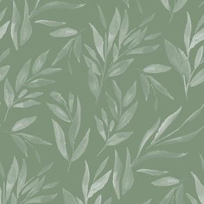 Whimsical watercolor leaves in green for bathroom wallpaper