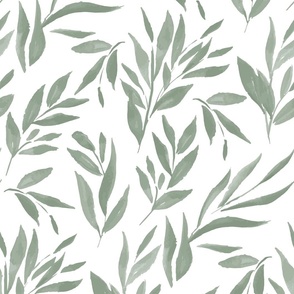 Whimsical watercolor leaves in green on white for bathroom wallpaper