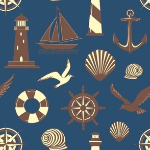 Lighthouses and Ships Adrift On blue background 