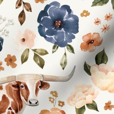 Texas Longhorn Cow Farmhouse Floral on Cream 24 inch