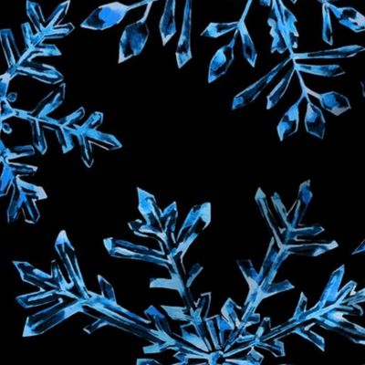 Blue Watercolor Snowflakes on Black