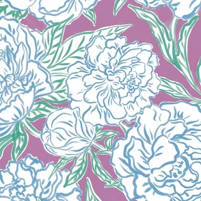 Large - Painted peonies - Beach blue and tropical teal green on Crocus spring purple - coastal - painted floral - artistic lilac pink painterly floral fabric - spring garden preppy floral - girls summer dress bedding peony wallpaper