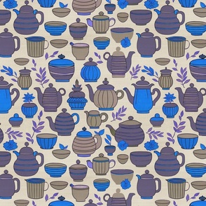 Tea pots pattern blue gray