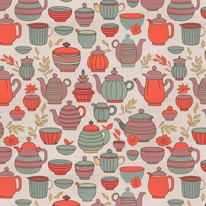 Tea pots pattern red gray