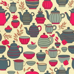 Tea pots pattern	magenta gray green