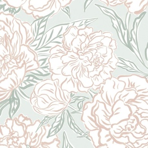 Large - Painted peonies - very light pink and a hint of green off white - soft coastal colors - painted floral - artistic pink and green painterly floral fabric - spring garden preppy floral - girls summer dress bedding peony  wallpaper