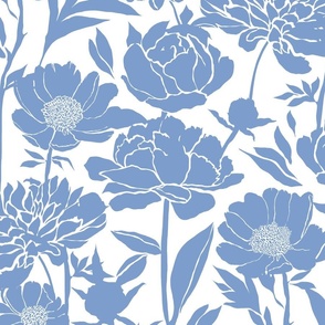 Large Peonies silhouette floral - Cornflower blue on white - peony flowers - simple two color paper cut upholstery fabric - botanical flowers and leaves