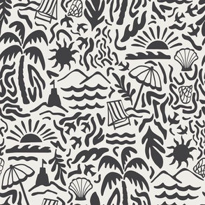 LARGE SCALE MODERN TRIP TO THE BEACH SUMMER SCENE-PALM TREES-SAND CASTLE-SUN-SHELLS-CLASSIC CHARCOAL BLACK AND WHITE