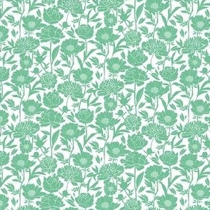 Extra Small Peonies silhouette floral - Ocean green on white - peony flowers - simple two color paper cut upholstery fabric - botanical flowers and leaves