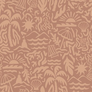 LARGE SCALE MODERN TRIP TO THE BEACH SUMMER SCENE-PALM TREES-SAND CASTLE-SUN-SHELLS-EARTH TONES-COPPER BROWN-TAN BEIGE