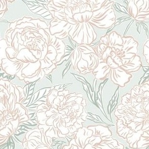 Small - Painted peonies - very light pink and a hint of green off white - soft coastal colors - painted floral - artistic pink and green painterly floral fabric - spring garden preppy floral - girls summer dress bedding wallpaper