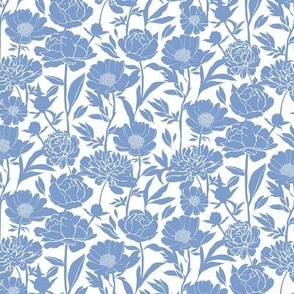 Small Peonies silhouette floral - Cornflower blue on white - peony flowers - simple two color paper cut upholstery fabric - botanical flowers and leaves