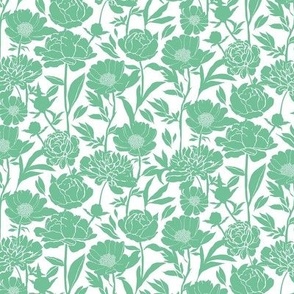 Small Peonies silhouette floral - Ocean green on white - peony flowers - simple two color paper cut upholstery fabric - botanical flowers and leaves