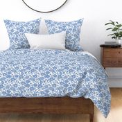 Medium Peonies silhouette floral - Cornflower blue on white - peony flowers - simple two color paper cut upholstery fabric - botanical flowers and leaves