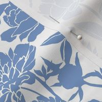 Medium Peonies silhouette floral - Cornflower blue on white - peony flowers - simple two color paper cut upholstery fabric - botanical flowers and leaves