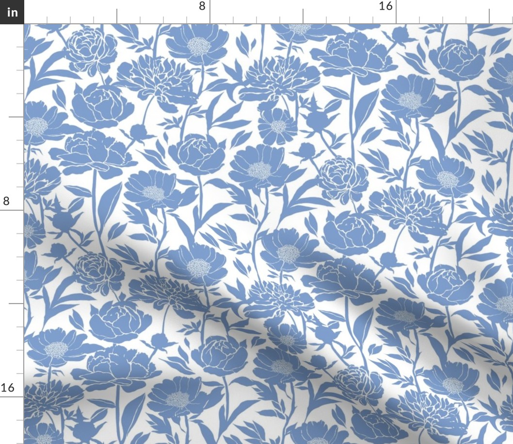 Medium Peonies silhouette floral - Cornflower blue on white - peony flowers - simple two color paper cut upholstery fabric - botanical flowers and leaves