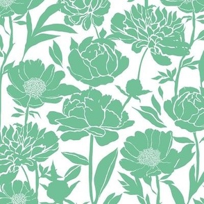 Medium Peonies silhouette floral - Ocean green on white - peony flowers - simple two color paper cut upholstery fabric - botanical flowers and leaves