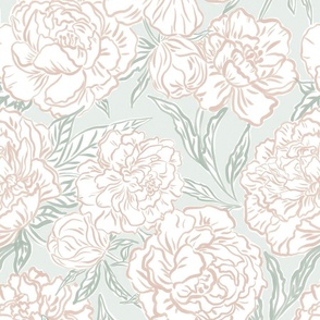 Medium - Painted peonies - very light pink and a hint of green off white - soft coastal colors - painted floral - artistic pink and green painterly floral fabric - spring garden preppy floral - girls summer dress bedding wallpaper