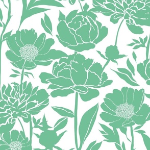 Large Peonies silhouette floral - Ocean green on white - peony flowers - simple two color paper cut upholstery fabric - botanical flowers and leaves