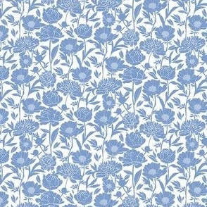 Extra Small Peonies silhouette floral - Cornflower blue on white - peony flowers - simple two color paper cut upholstery fabric - botanical flowers and leaves