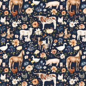 Watercolor Farm Animal Floral on Navy Blue 12 inch
