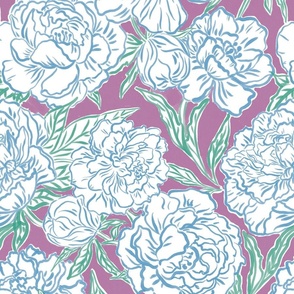 Medium - Painted peonies - Beach blue and tropical teal green on Crocus spring purple - coastal - painted floral - artistic lilac pink painterly floral fabric - spring garden preppy floral - girls summer dress bedding wallpaper