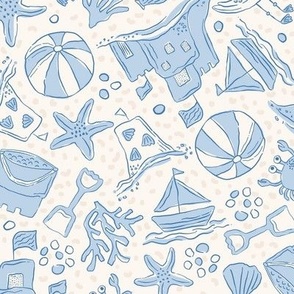 Summer Beach Scene Blue and White Sandcastles, Starfish, Seagulls, Crabs and Sailing Boats 