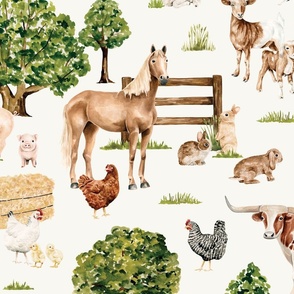 Watercolor Farm Animals on Cream 24 inch