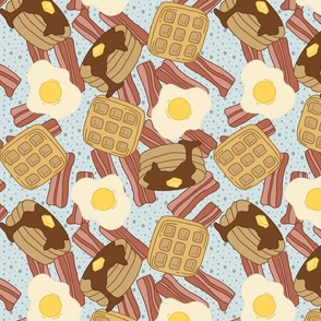 Breakfast Buffet - Pancakes, Waffles, Eggs, Bacon on Green Dot Background