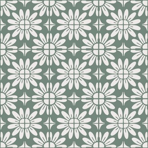 Sunflower Floral Textile Block Print | Small Scale | Sage green, cool white | multidirectional boho geometric tile