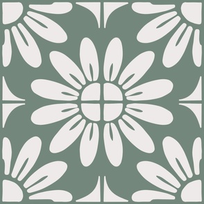 Sunflower Floral Textile Block Print | Jumbo Scale | Sage green, cool white | multidirectional boho geometric tile
