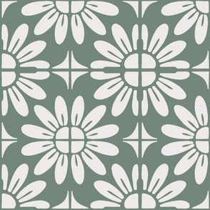 Sunflower Floral Textile Block Print | Medium Scale | Sage green, cool white | multidirectional boho geometric tile