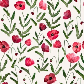 Large Red Flowers / Poppies / Green Leaves / Watercolor