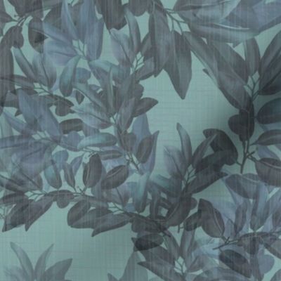 Decorative Teal Blue Magical Forest Leafy Nature Illustration, Monochromatic Sky Blue Bedroom Living Decor, Nature Inspired Serene Flora Fauna Foliage, Peaceful Country Garden, Muted Teal Blue Wild Woodland Forest Leaves, Romantic Mural, LARGE SCALE 