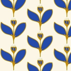 Bold Minimalism - Hand Drawn Abstract Flower - Blue And Gold On Cream.