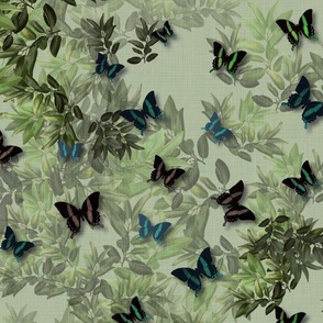 Luxurious Moss Green Lush Leafy Foliage, Exotic English Country Kitchen Butterfly Wall panel, Colorful Muted Palette, Classical Woodland Garden Aesthetic, Novel Botanical Painted Artwork, Subtle Artistic Leaves Butterfly Country House Illustration, LARGE 